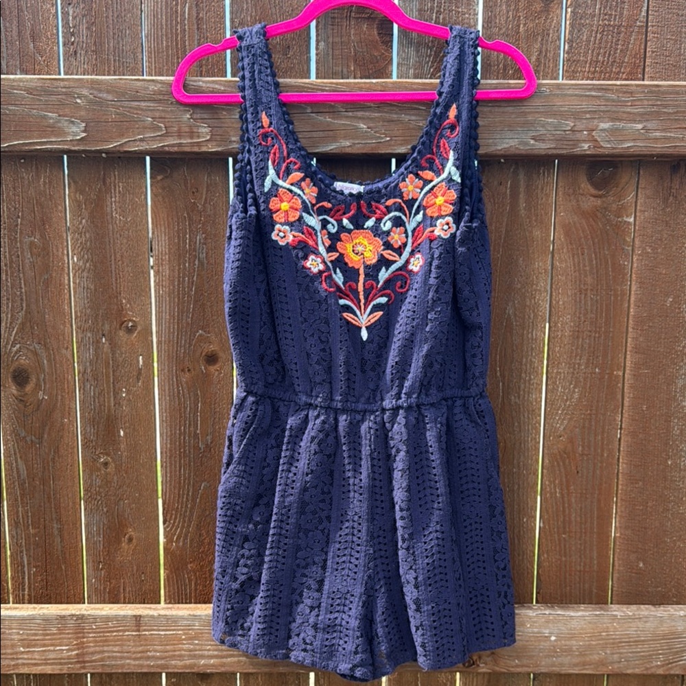 Xhilaration Dark Blue Lace Romper with Orange Floral Embroidery